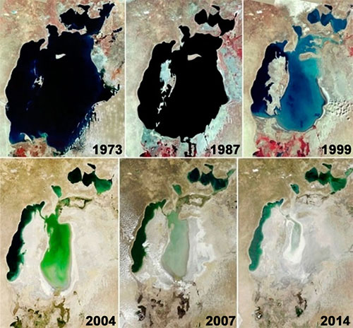 55. Sampai tahun 1960, Laut Aral adalah danau terbesar keempat di dunia, setengah luas pulau Jawa. Kini Laut Aral telah mengering dan hanya tersisa sebagian kecil, kurang dari 10% besarnya semula.  https://earthobservatory.nasa.gov/world-of-change/AralSea
