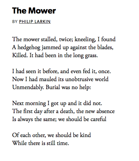 Today's recordings include one by that fabulous reader  @emmagafielding. Happy Sunday, all  #PandemicPoems10 The Mower by Philip Larkin https://soundcloud.com/user-115260978/10-the-mower-by-philip-larkin
