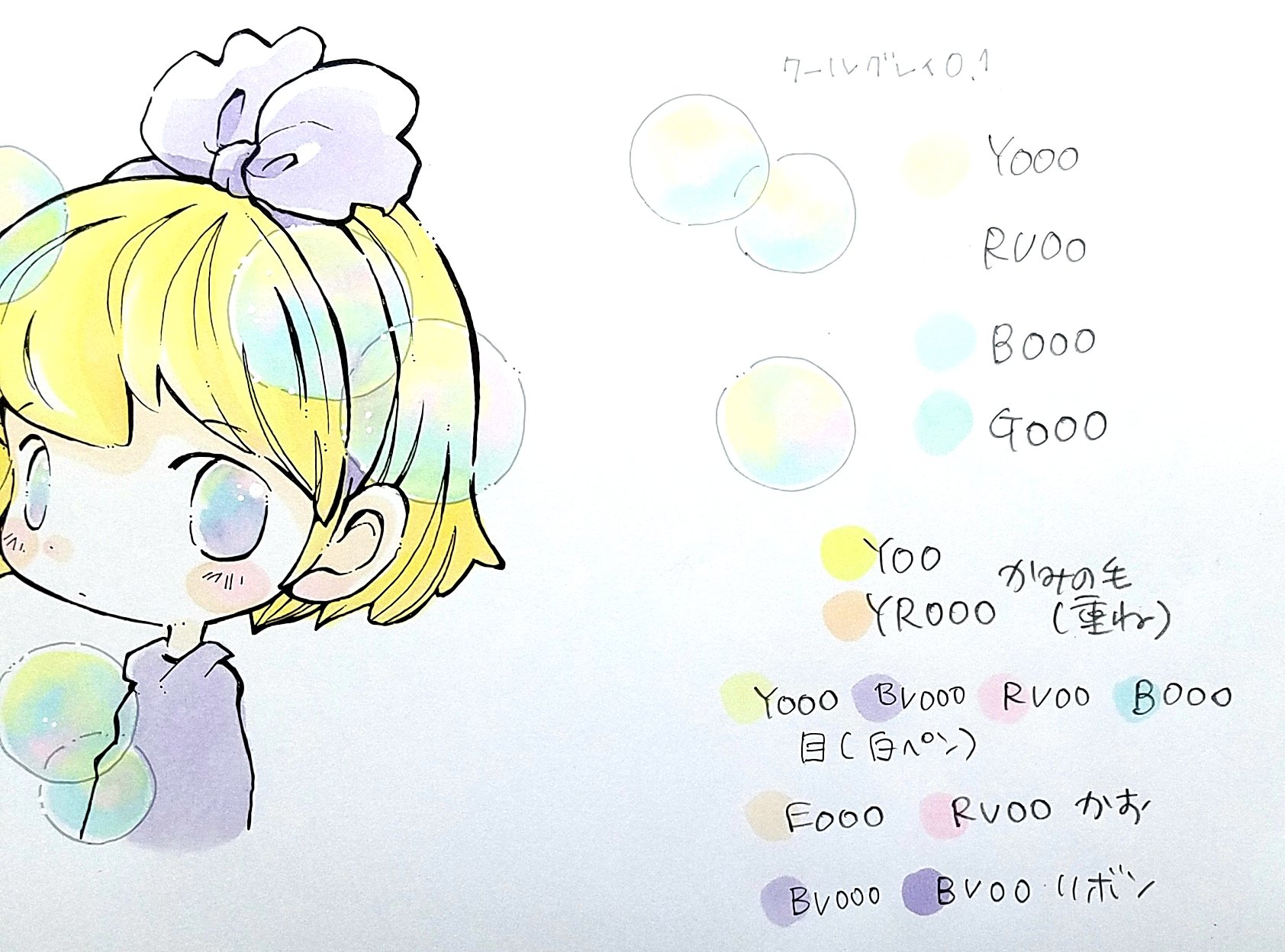 ちゃだるみオンラインcopicレッスン コピックのぐりぐり塗りで シャボン玉の試し塗りです どの組み合わせが良いかな ぐりぐり塗って素早く色を重ねていくと色が混ざります 急いで塗るのでキャップは外したまま作業 ぬりえには4色ぐりぐりを使いまし
