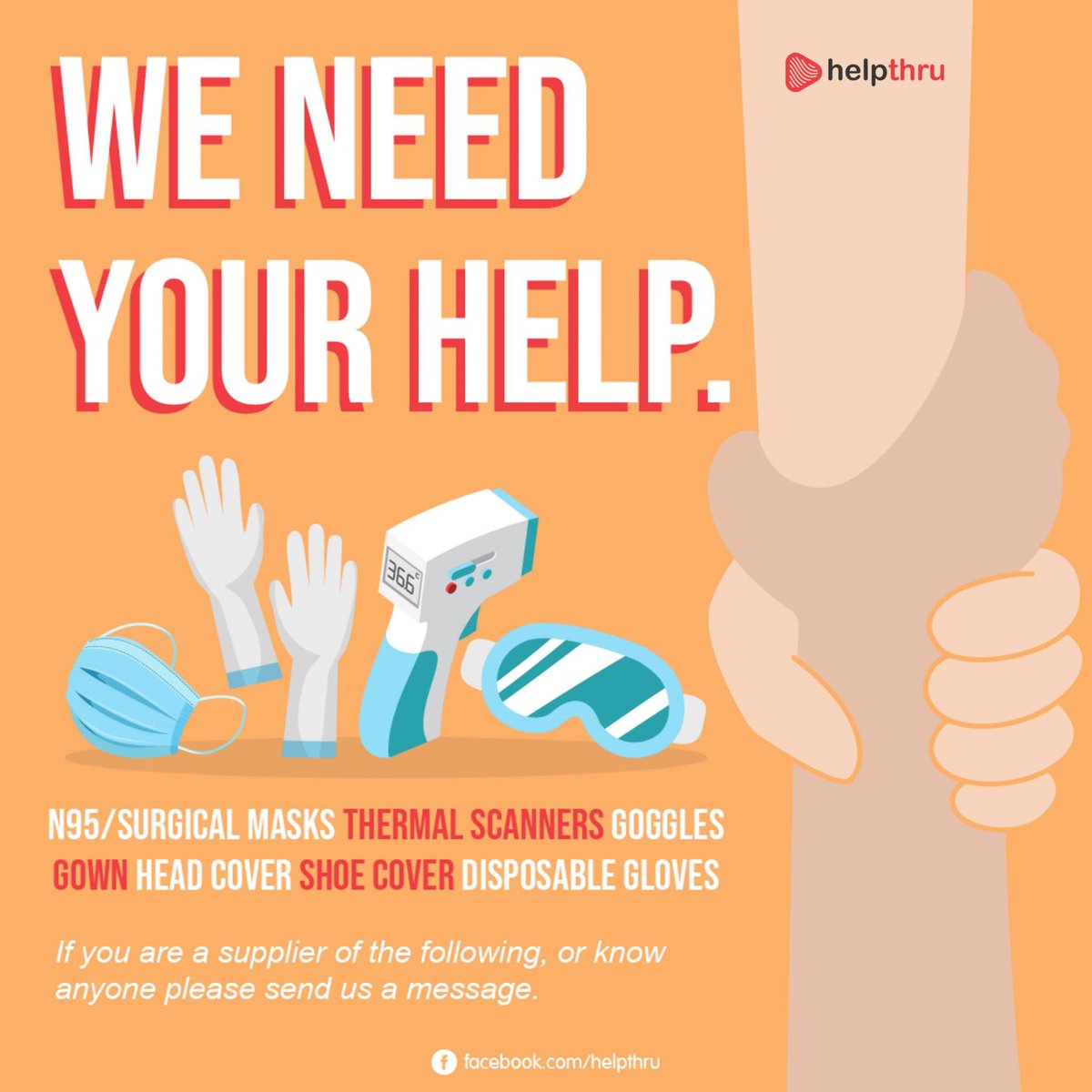 ERRKALIM's tweet photo. #HelpThru needs YOU! 

Are you a supplier of N95 masks, surgical masks, thermal scanners, goggles, disposable lab gowns, shoe covers, hand gloves, head covers, and other personal protective equipment? Then you’re exactly what we’re looking for! https://t.co/kCEXP26cpp