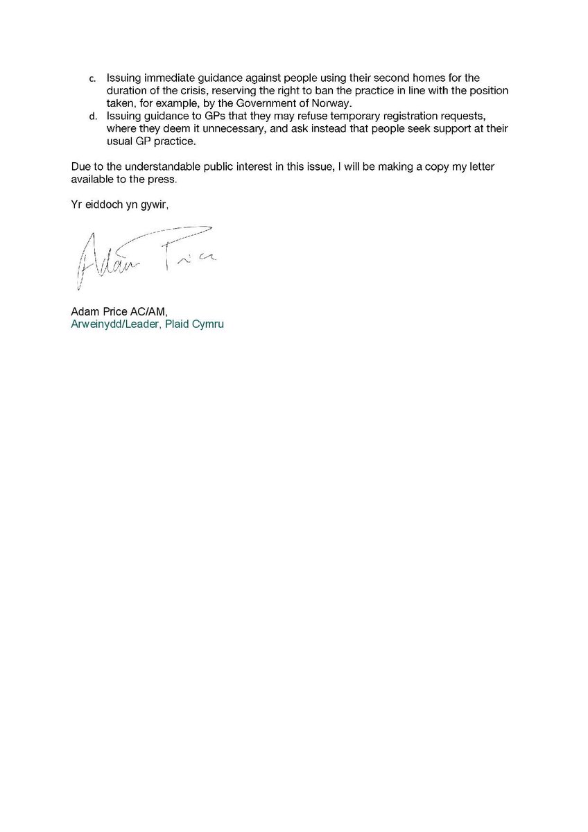 Galwad Plaid Cymru ar y Llywodraeth i gau meysydd carafannau a chartrefi gwyliau er mwyn diogelu capasiti ein NHS.
+++
Plaid Cymu Leader’s letter to Welsh Government to call for the closure of caravan parks and holiday homes in order to protect the capacity of our NHS.