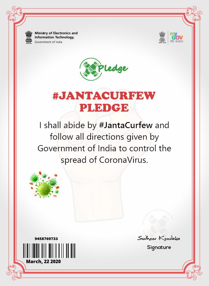 To join the fight against coronavirus, I have taken the Janta Curfew Pledge and committed myself towards keeping the country safe. You can also take the pledge at pledge.mygov.in/janatacurfew/ pledgeapi.mygov.in/api/v2/janatac… via <a href="/mygovindia/">MyGovIndia</a>
