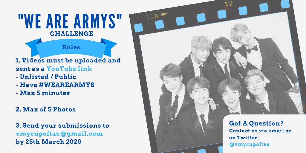 vmycupoftae's tweet photo. [HELP RT] 

Hey ARMYs!!💜We're a grp of university students who are interested to find out about YOU! 

1. Help us with this survey https://t.co/5Hc0Hkljg0 or
2. Participate in our photo/video challenge! See photos for more details 

@BTS_twt #WeAreARMYs #BTS #ARMY #방탄소년단 https://t.co/jzx0Dfi6t3