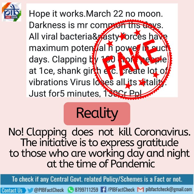A stamp of fake news on a message claiming the vibrations generated by people clapping together will kill  the Coronavirus infections.