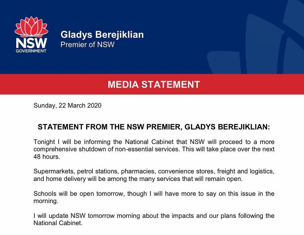 ⚠️An important statement from the Premier of New South Wales, Gladys Berejiklian. 👇Please note a full list of essential services will be issued before the shutdown.
