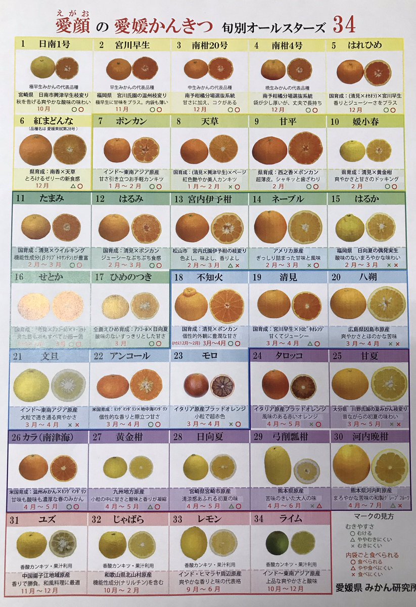 風早の郷風和里 愛媛 みかん研究所作成の 愛媛かんきつ 旬別オールスターズ34 これだけの種類があるのをご存知でしたか 全部食べたことあるって人いたら自慢してヨシ 笑 シーズン毎に ふわりで探してみてね ふわり 風早の郷風和里 柑橘類 風早の郷風和里 愛媛 みかん研究所作成の 愛媛かんきつ 旬別オールスターズ34 これだけの種類があるのをご存知でしたか 全部食べたことあるって人いたら自慢してヨシ 笑 シーズン毎に ふわりで探してみてね ふわり 風早の郷風和里 柑橘類