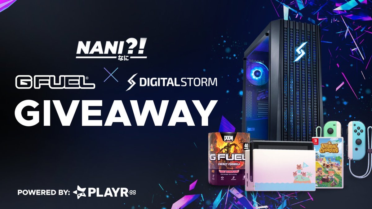 🖲⚡ GIVEAWAY ALERT ⚡🖲

We’ve teamed up with <a href="/NaniTalent/">Nani?!</a> to bring you all a fabulous giveaway!!!

🎮 Animal Crossing Nintendo Switch Bundle!

⚡️ <a href="/DigitalStormPC/">Digital Storm</a> Lynx Gaming PC!
 
⛽ Year’s Supply of @GFUELEnergy!

💙 Like + RT + Tag a Friend 

👉 ENTER: gfuel.ly/2wjODxj