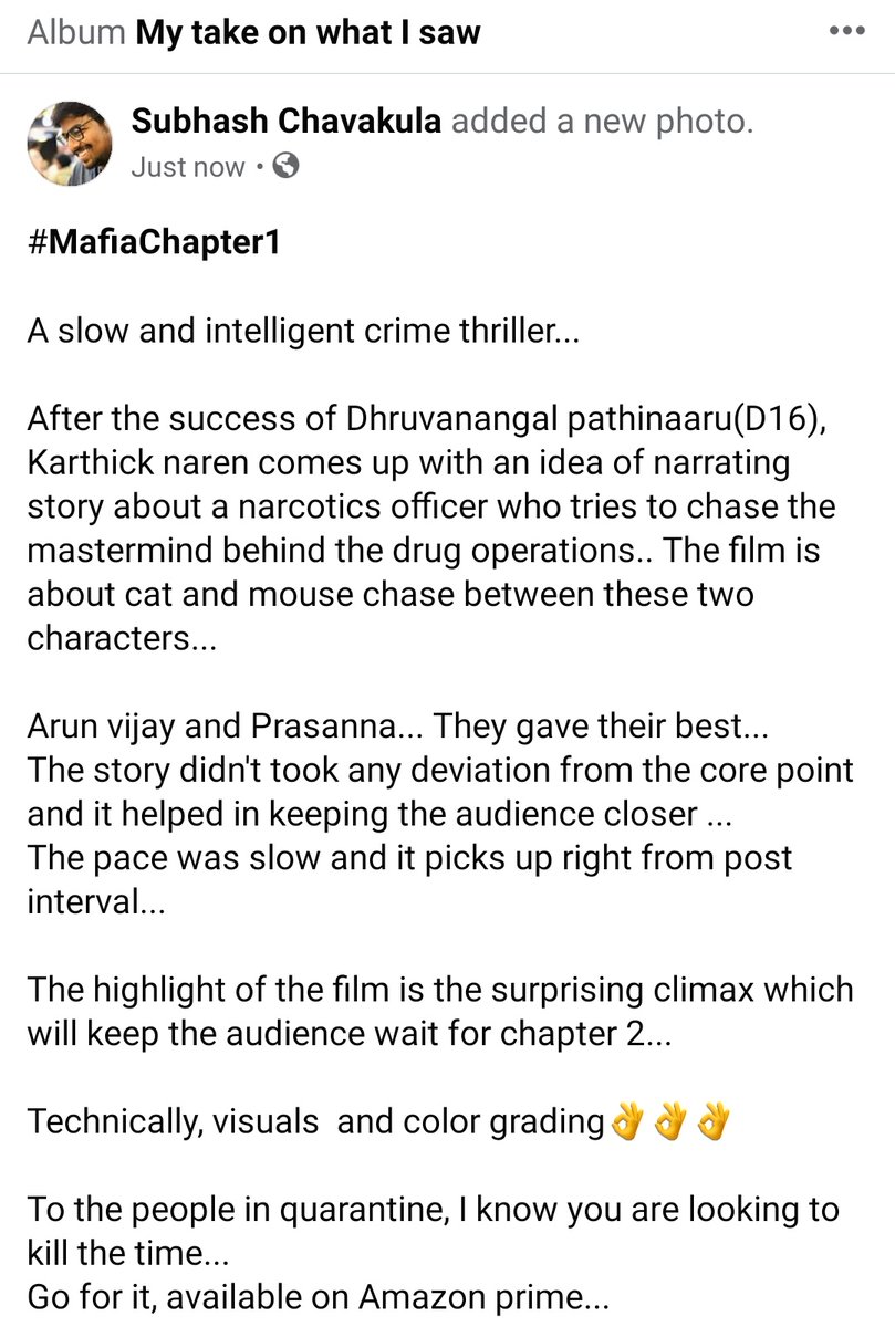 This_is_Subhash's tweet photo. #MafiaChapter1 

@karthicknaren_M narration, @arunvijayno1 @Prasanna_actor @priya_Bshankar performances...
@gokulbenoy visuals...
👏👏👏
@LycaProductions 

Waiting for #MafiaChapter2 https://t.co/AV0ffQjI3r