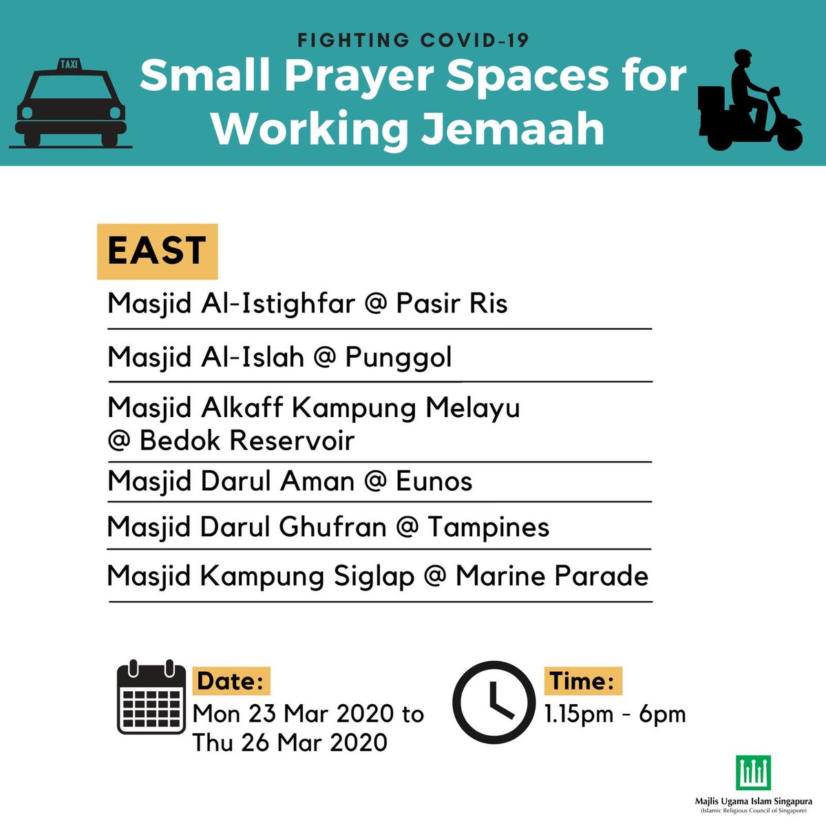 Salaam friends. Good news alhamdulillah! Some of our mosques have prepared a space for our abang-abang and kakak-kakak to perform prayers.

In the meantime, let us all continue to be socially responsible and practise good personal hygiene!