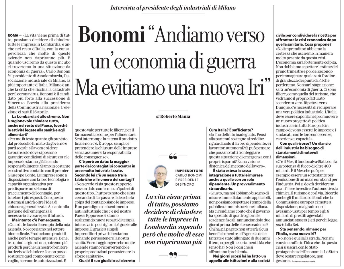 CarloBonomi_'s tweet photo. #22marzo su @repubblica mia intervista. La vita viene prima di tutto, possiamo decidere di chiudere tutte le imprese in Lombardia, e anche nel resto d'Italia, con la consapevolezza e la responsabilità che molte di queste non riapriranno più #COVIDー19 #ServireItalia https://t.co/948sP2Sua6