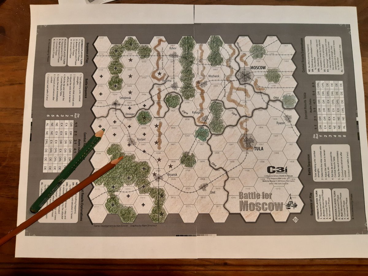 rhitomachos1's tweet photo. I printed the great #Battleof Moscow in #C3imagazine made accessible for free by @RBMStudio1 with b/w laser printer. However, for me, gaming is also the occasion to enjoy a nicely designed and colorfull object. Therefore I took some pens and restore some colors to the map. https://t.co/44BBKyXKTS