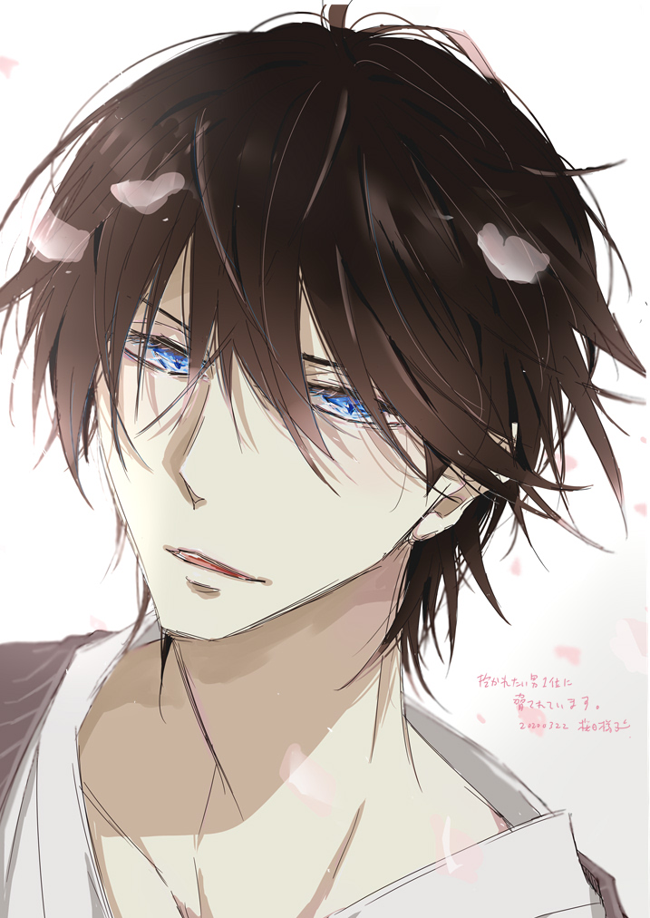 1boy male focus blue eyes solo brown hair petals japanese clothes  illustration images