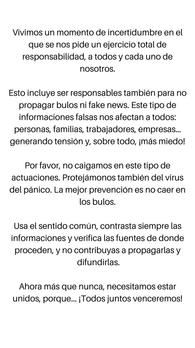 Vivimos un momento de incertidumbre en el que se nos pide un ejercicio total de responsabilidad, a todos y cada uno de nosotros...
#StopBulos
No a las #FakeNews