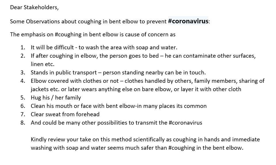 AshishMittalOHS's tweet photo. @WHO @CDCgov @NIOSH @ICMRDELHI @MoHFW_INDIA @drharshvardhan @DrHVoffice Serious concern about #coughing in the bent elbow as has been widely prescribed by all the stakeholders in #coronavirus control strategies and is being followed by billions of people across globe. https://t.co/kQbZ7VbZbF