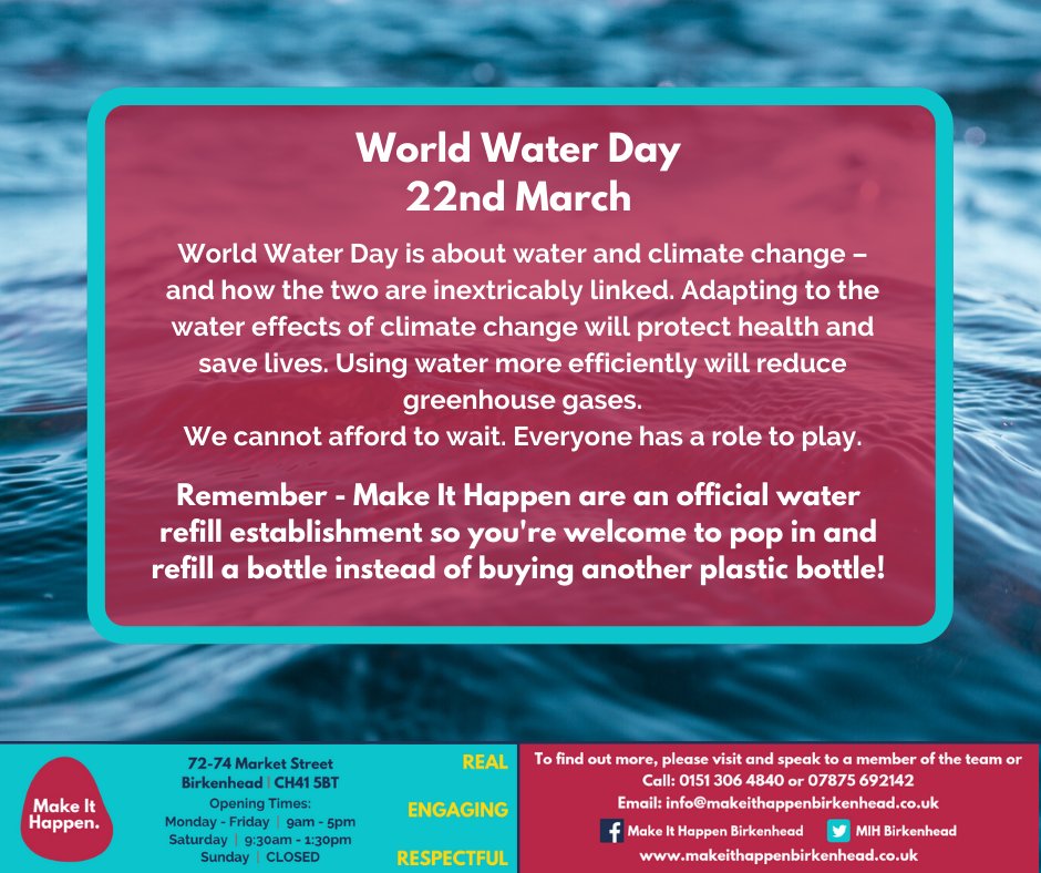 World Water Day 🌊🚿

Did you know that Make It Happen are a Water Refill Station?
Don't make another plastic purchase - refill for free with us!

#waterrefill #makeithappen #birkenhead #worldwaterday