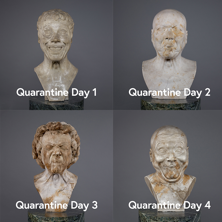 Das sind unsere Assoziationen zur #QuarantineChallenge. Der Bildhauer Franz Xaver Messerschmidt schuf die Charakterköpfe zwischen 1770 und seinem Tod in 1783. Er diente sich dabei selbst als Modell. #belvederemuseum #belvederecollection #museumfromhome #kulturtrotzcorona
