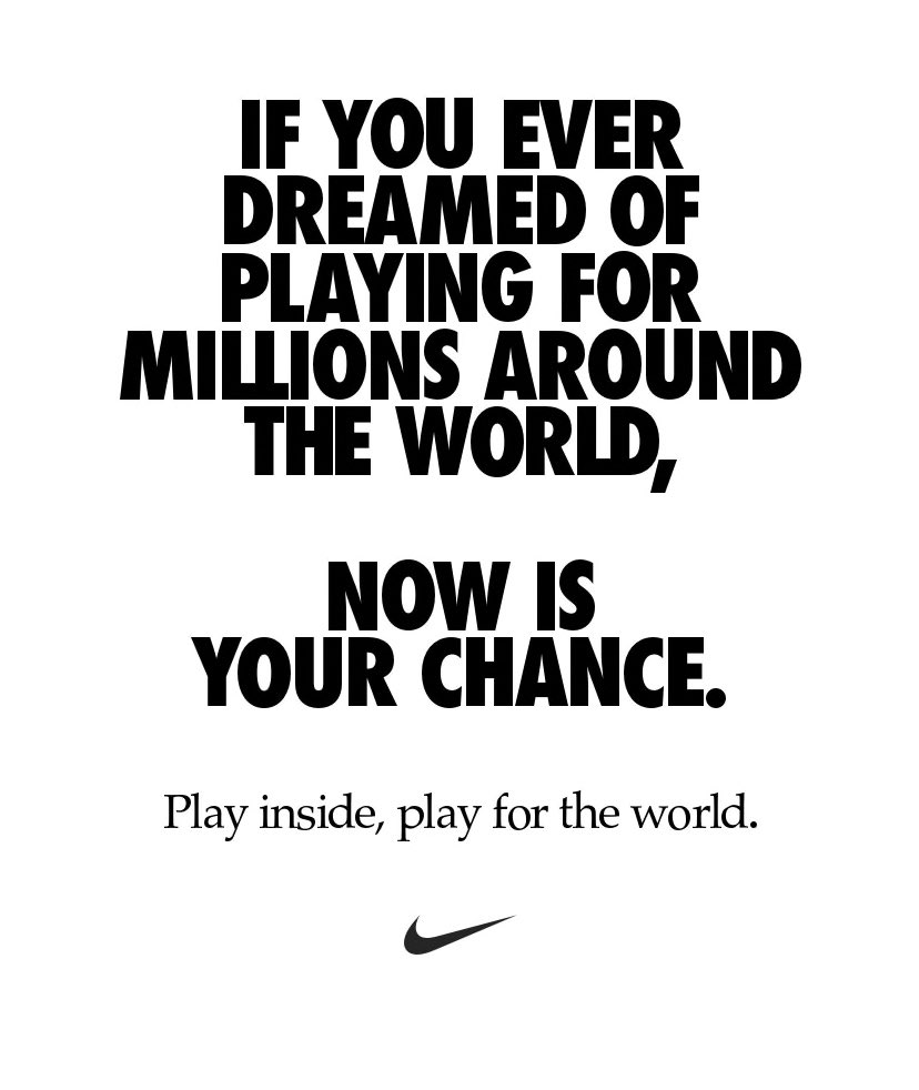 This message from <a href="/Nike/">Nike</a> is so on point.

Let the next few weeks be YOUR greatest performance. Listen to the experts. Stay at home. 
#COVID19 #SportspeopleTogether