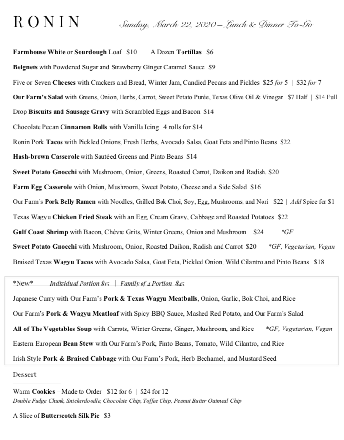 Brunch! To Go! 
It may look a bit different, but we're open today 11am-3pm. Swipe through for the menu. Orders can be placed via our website at RoninTX.com. 
We are humbled by the support and look forward to serving you. Stay safe, love one another, #washyourhands