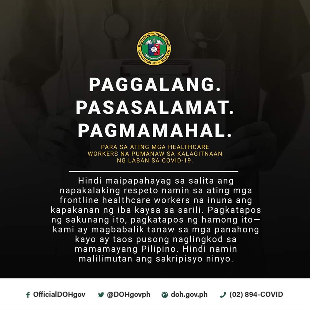 DOHgovph's tweet image. Isang minutong katahimikan at pagbibigay-pugay para sa ating healthcare workers--mga kapatid natin na inuna ang kapakanan ng iba bago ang sarili, na di inalintana ang banta ng COVID-19 para lamang patuloy na makapagsalba ng buhay.

#COVID19PH