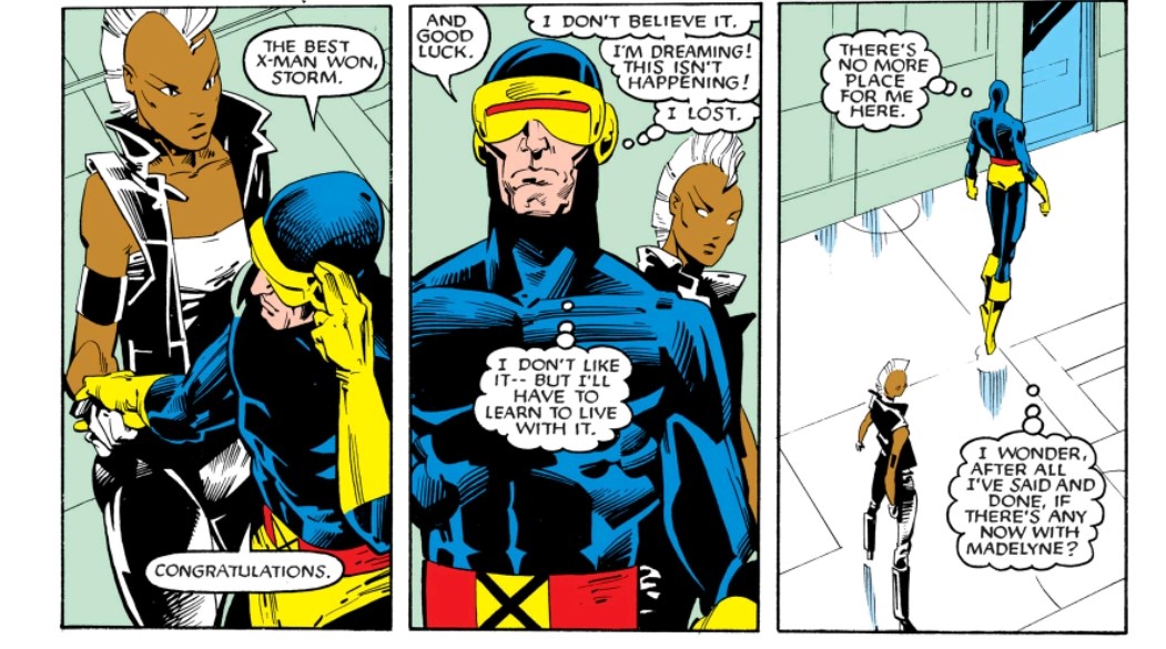 This is taken to a logical extreme in UXM #201 when a de-powered Storm defeats Cyclops in single combat for leadership of the X-Men. Through this issue, the torch is most clearly and most inarguably passed, and Claremont's team is fully detached from the silver age. 5/6