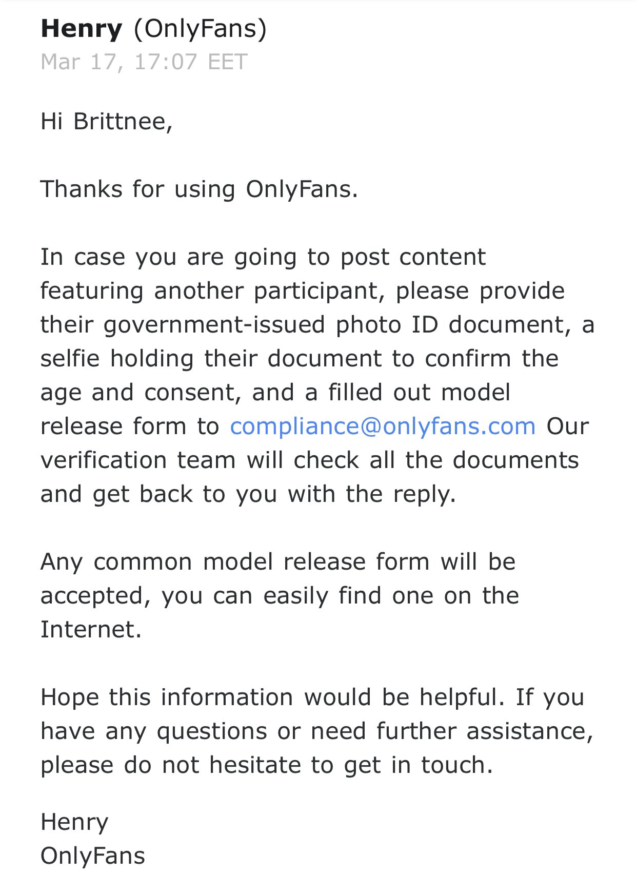 Onlyfans model release form