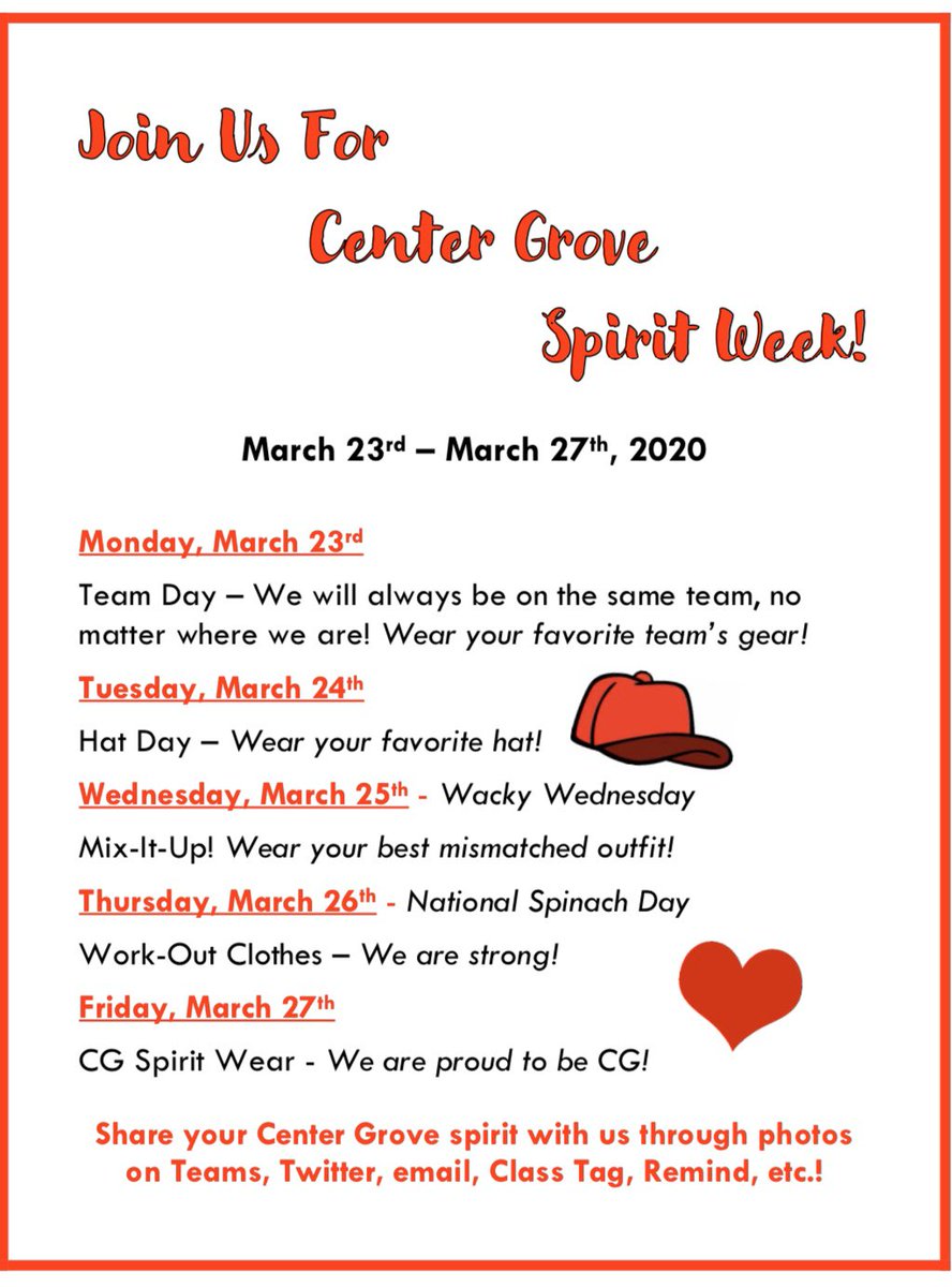 We are the CG Eagles and we’ve got school spirit even when we’re not at our home away from home!  Let’s keep our spirits high by participating in CG Spirit Week.  Show us your spirit by participating and sharing the pictures with your teachers for everyone to see.