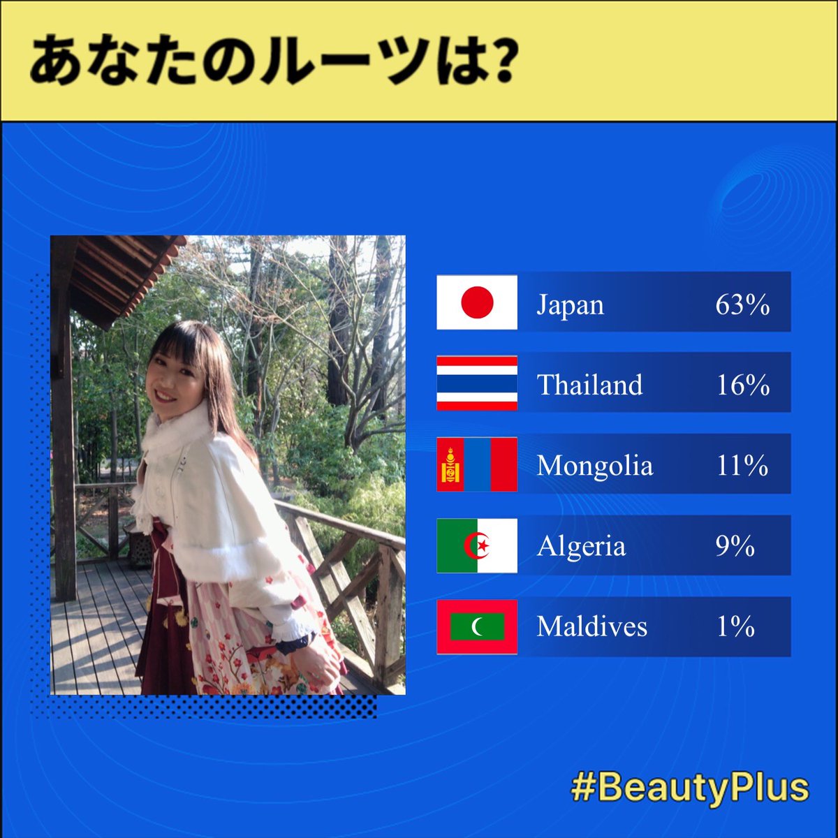 歴辺 千華 Twitter પર ビューティプラスであなたのルーツは が 度々表示されるのでやってみた 日本が6割 まぁ 日本人ですからね あとは東南アジア系だったり 昔 フィリピンパブに似た顔の娘がいるよ とか言われた事もあったな アフリカ系が入るのは鼻が