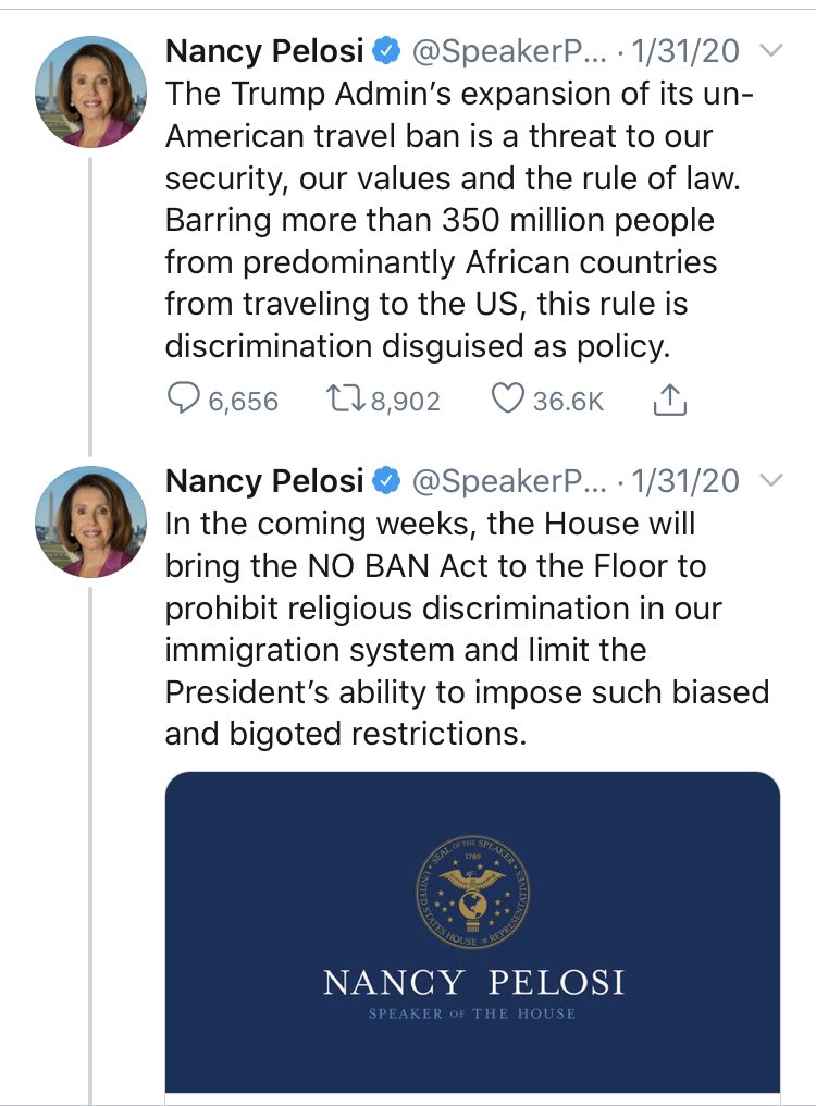The same day that the  @realDonaldTrump admin announced flight controls in Jan to slowdown the spread of Coronavirus,  @SpeakerPelosi tweeted that the ban is “un-American” and “discrimination disguised as policy,” and that she will bring up a bill in the House against it.