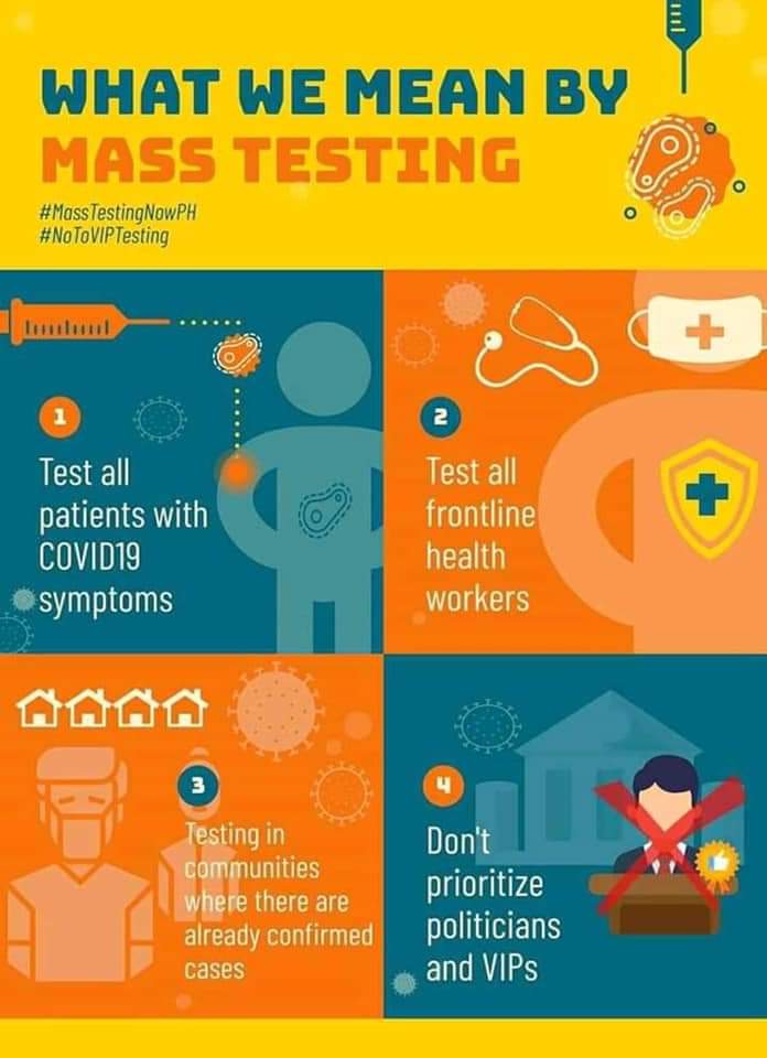 sarahelago's tweet image. #FreeMassTestingNOWPH
1. Test all symptomatic patients
2. Test all frontline health workers
3. Testing in communities where there are confirmed cases
4. #NOtoVIPTesting