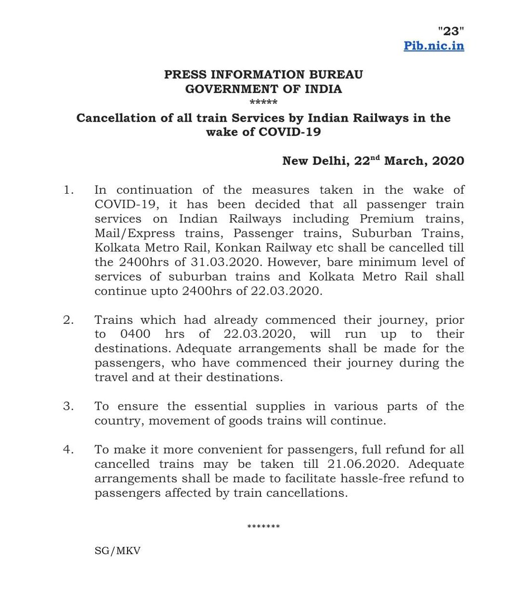 RailMinIndia's tweet photo. Strengthening precautions against COVID-19

Indian Railways has decided that no passenger train will run up to 31st March.

 #NoRailTravel https://t.co/jIot630G7c