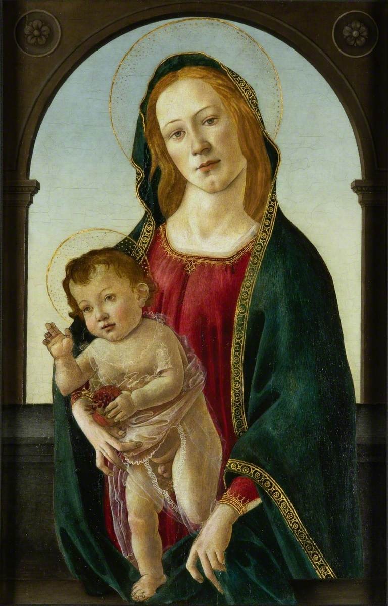 'Madonna and Child with Pomegranate' (c.1500) by Botticelli and studio. Long thought to have been by a pupil or follower of Sandro Botticelli, it's now believed that many of the details, such as Mary's head, were completed by the artist himself.  #MothersDay