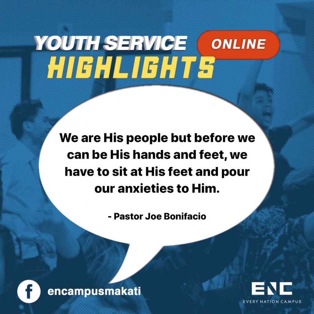encampusmakati's tweet photo. Here are some of the snippets of our preaching yesterday on our Online Youth Service! Thank you for joining us. We hope you enjoyed our time together.
See you guys next week!
SATURDAY, 4PM ONLINE
on our Facebook Page:
Every Nation Campus Makati
#ENCMakati
#CommunityNotCancelled https://t.co/Z6q1NIjJpx