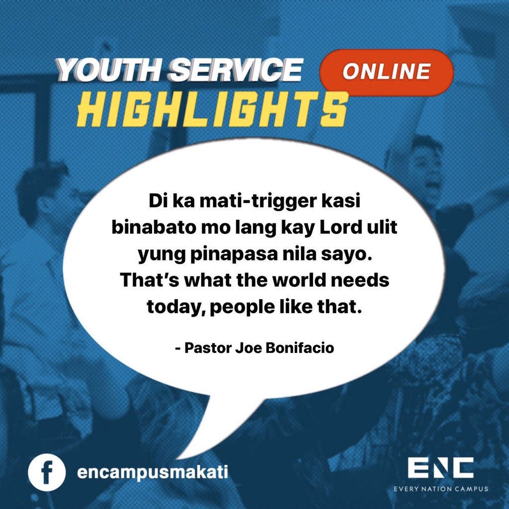 encampusmakati's tweet photo. Here are some of the snippets of our preaching yesterday on our Online Youth Service! Thank you for joining us. We hope you enjoyed our time together.
See you guys next week!
SATURDAY, 4PM ONLINE
on our Facebook Page:
Every Nation Campus Makati
#ENCMakati
#CommunityNotCancelled https://t.co/Z6q1NIjJpx