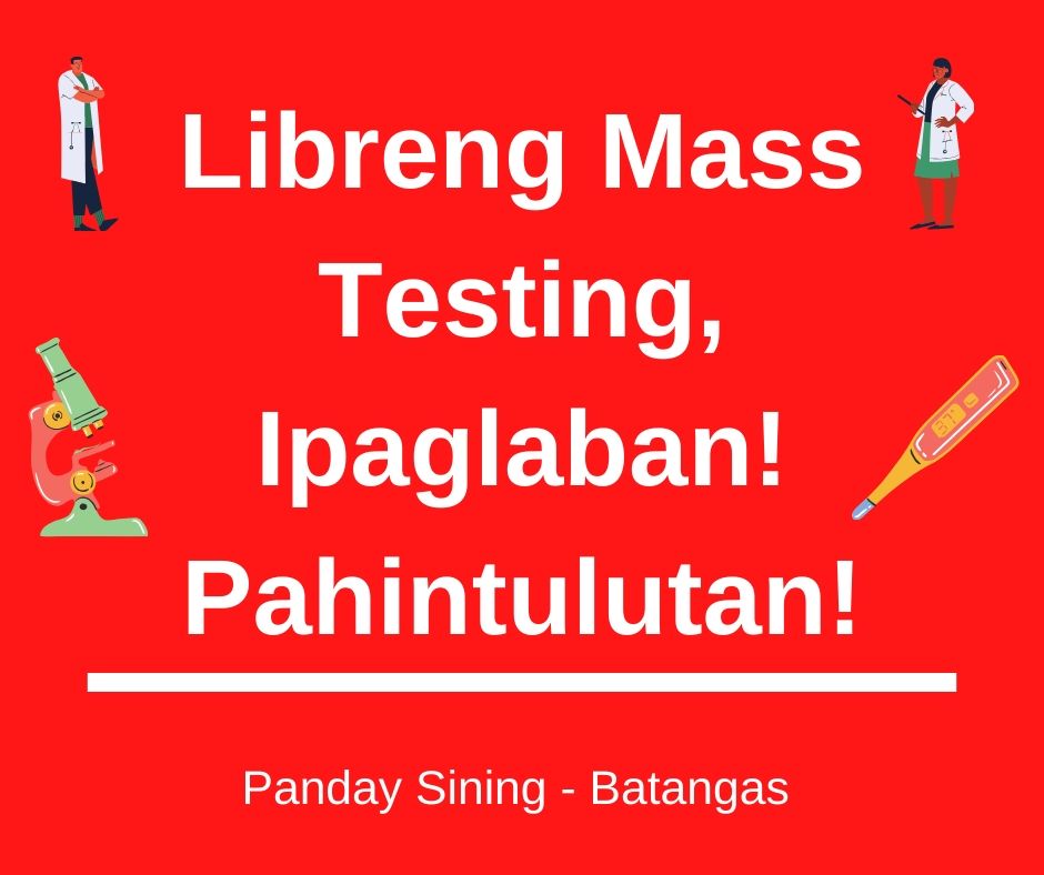 XENX1A's tweet image. Upang matiyak ang kaligtasan ng sambayanan, nananawagan ang mga progresibong kabataan upang pahintulutan na ang libre at malawakang COVID-19 testing. 

LIBRENG MASS TESTING, IPAGLABAN! PAHINTULUTAN!

#ProtestFromHome