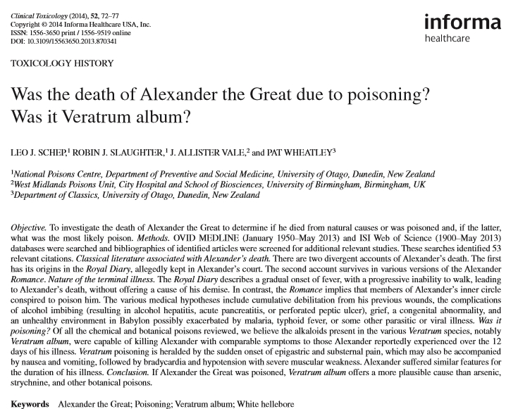 Salah satu contoh menarik(?) penggunaan racun ini adalah kematian Alexander the Great. Pada studi terbaru menujukkan bahwa ia kemungkinan diracun dengan strychnine dari tanaman Veratrum album.