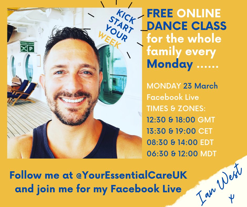 ianwest360's tweet photo. As promised.... here are the times for Monday’s classes!👇👍👇
I'm so excited to announce that I'll be teaching a fun and FREE dance movement and motivation class every Monday LIVE on Facebook for the whole family. So grab the kids, Grandma, even the dog and get ready to boogie. https://t.co/MVqv4MYwqC