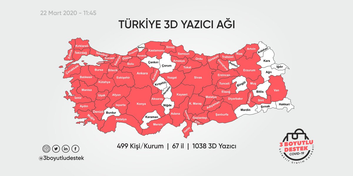 Bu sabah itibarıyla 67 ilimizde yaklaşık 500 gönüllüye ulaşmış durumdayız. Destekleriniz için minnettarız! 🙏

Haritayı tamamen kırmızıya boyamaya çok az kaldı. #3boyutludestek #kolektifüretimhareketi