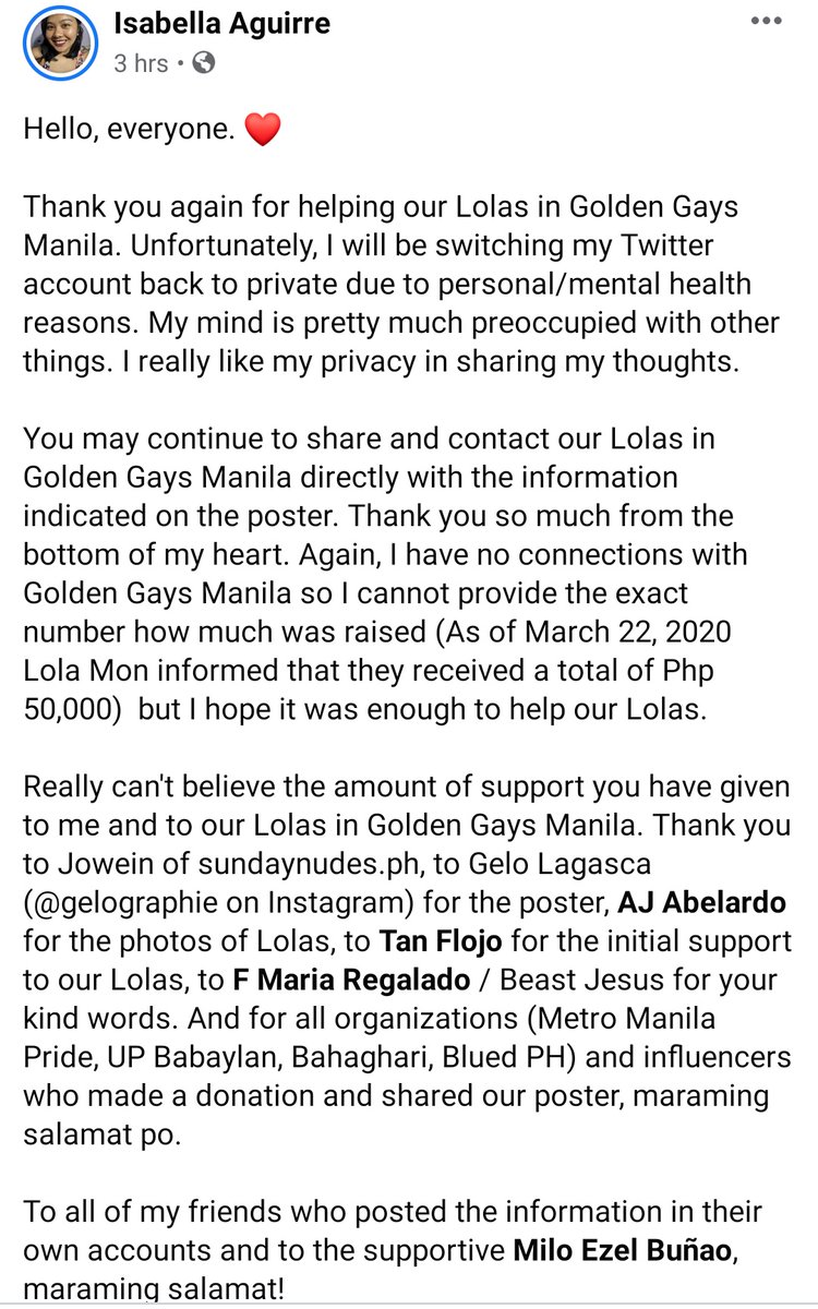 Thank you again for helping our Lolas in Golden Gays Manila. Unfortunately, I will be switching my Twitter account back to private due to mental health reasons. We have raised a total of Php 50,000 for our Lolas. Thank you again!  @ItsACsLife  @mmprideorg  @candygamos  @upbabaylan