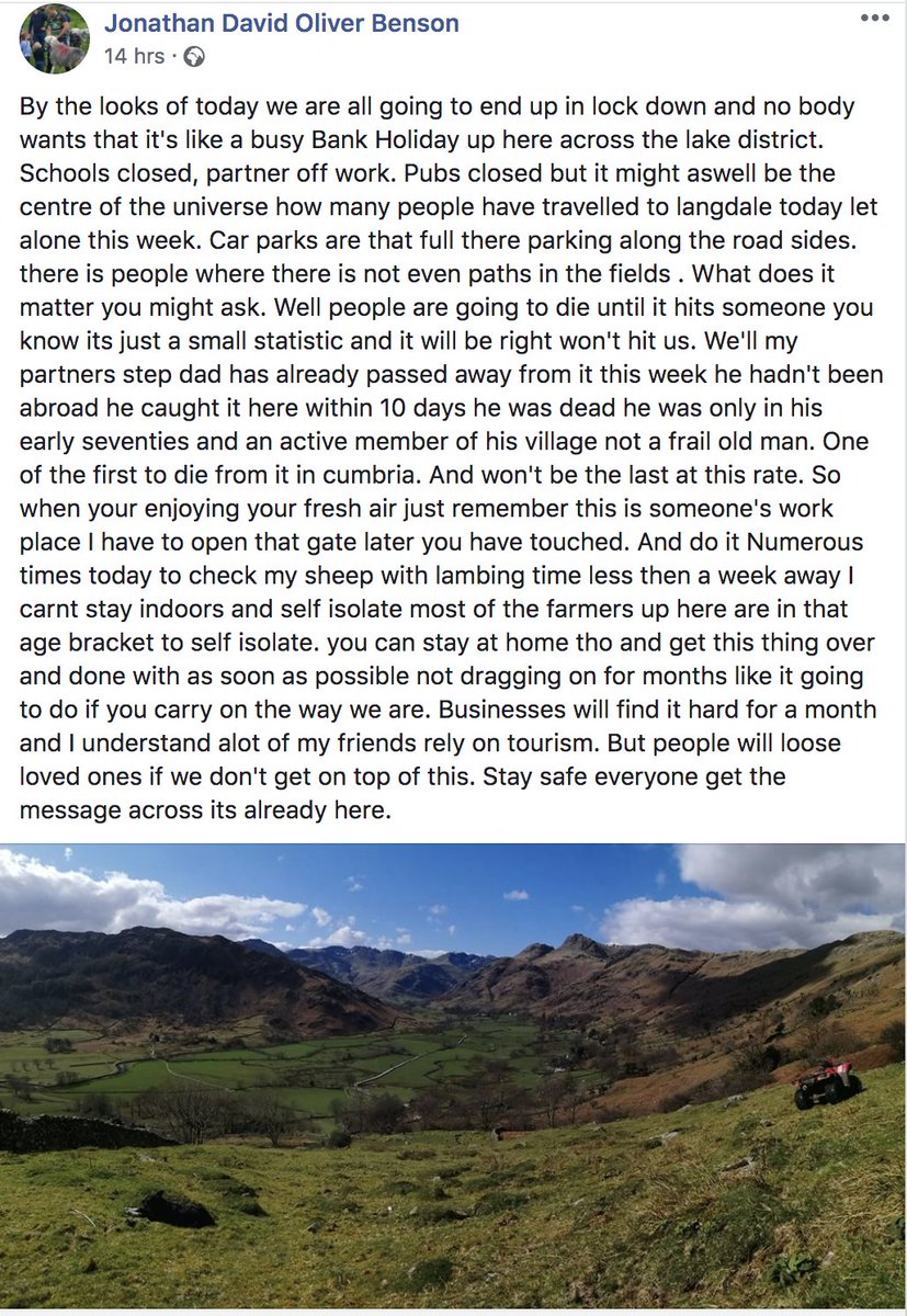 A #farmer in #Langdale has made a plea to #tourists to stop visiting the #LakeDistrict after his step father-in-law died of #coronavirus. Jonathan Benson says the car parks are full and he has to keep using the gates they're all touching while walking in the fells to do his job.