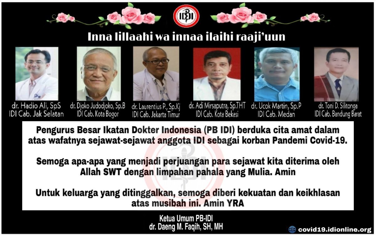 PBIDI's tweet image. IDI berduka cita yang amat dalam atas berpulangnya sejawat-sejawat anggota IDI sebagai korban Pandemi Covid-19