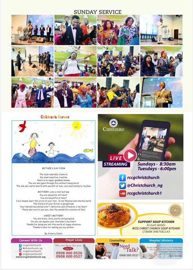 ChristChurch_NG's tweet photo. Sunday Bulletin (CC Digest) is available online and would also be forwarded to your emails.
If you need one to be sent to you send a DM with your details including your email address.
Hope you enjoyed the service online???
Stay blessed.
#rccgchristchurch #servicefromhome https://t.co/fGx1zR6HEp