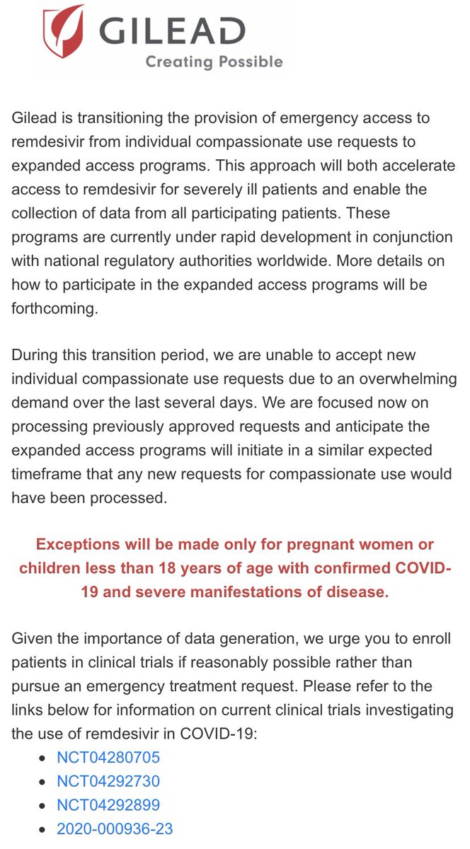 KisgenUF's tweet photo. The process for getting IV Remdesivir from @GileadSciences is changing. It’s moving from compassionate use to expanded access. According to site, no new requests until this transition occurs unless they meet a specific criteria. Hopefully soon. #IDTwitter 
https://t.co/u22vNVwbKW https://t.co/jddzZxxgLG