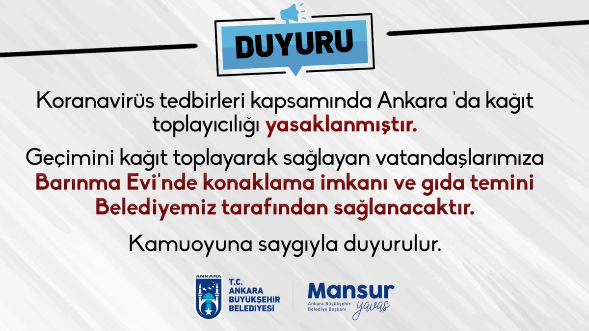 Bizim de doğrudan sürecin içerisinde olduğumuz, Ankara BB. Başkanı Sn. Mansur Yavaş'ın bizzat talimatıyla hayata geçirilecek ve kağıt toplayan emekçilerin maddi/manevi ihtiyaçları karşılanacak olan süreci kamuoyuna duyururuz. Duyarlılığınız için çok teşekkürler... @mansuryavas06