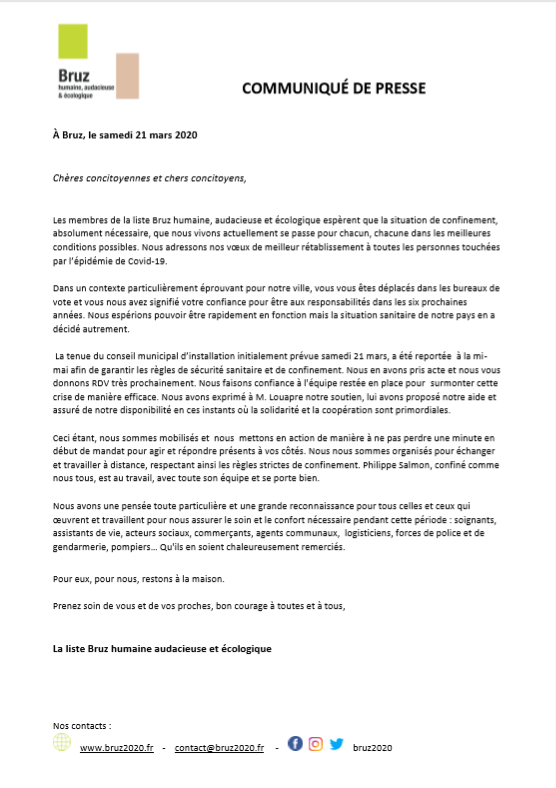 bruz2020's tweet photo. Un petit mot des membres de la liste Bruz humaine, audacieuse et écologique.
L'installation du conseil municipal est reportée mais vos futurs conseillers sont au travail.
#bruz #pourbruz #Municipales2020 #illeetvilaine #Bretagne  #teletravail #Covid_19 https://t.co/owbd4CNd9W