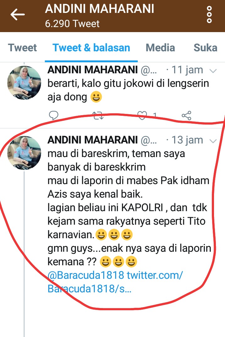 AsepSuwarno77's tweet photo. Baca twet2 @ANDINI_MAHARAN1
ini, apa iya:

1.Dia deket dgn orang2 bareskrim/kapolri hingga @DivHumas_Polri tdk menindak betina ini.

2. Bareskrim/polri apa iya melihara betina ini hingga @DivHumas_Polri gabisa menciduk

Kl ktemu Aki tak gampar mulutnya, simbol negara kok dihina. https://t.co/icIQZEYqMW