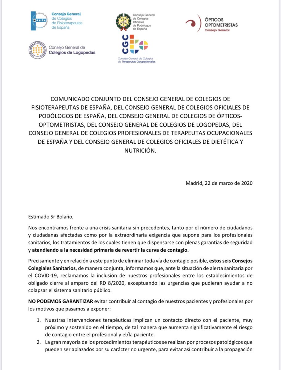 raiguade's tweet photo. Comunicado conjunto de los Consejos de Fisioterapia, Podología, Optimetristas, Logopedas TO’s yNutricionistas

https://t.co/WcFJ7BXn7N

@cgcfe @ColFiCat @ColFisioNavarra @ColFiCat @colfisio @cfisiomad @Icofcv  @CPFCYL @FisiosAragon 
@albaverges @salvadorilla @salutcat @sanidadgob https://t.co/0VNhKsxXRu