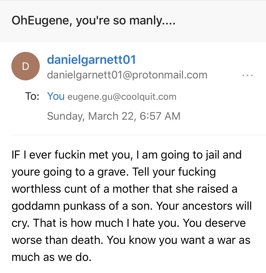 eugenegu's tweet image. Dear @FBI,

Please investigate this person threatening to kill me. This is what happens when the President of the United States calls the coronavirus the “Chinese Virus.” I’m just trying to help patients for free and don’t deserve death threats.

Sincerely,
An Asian American Doc