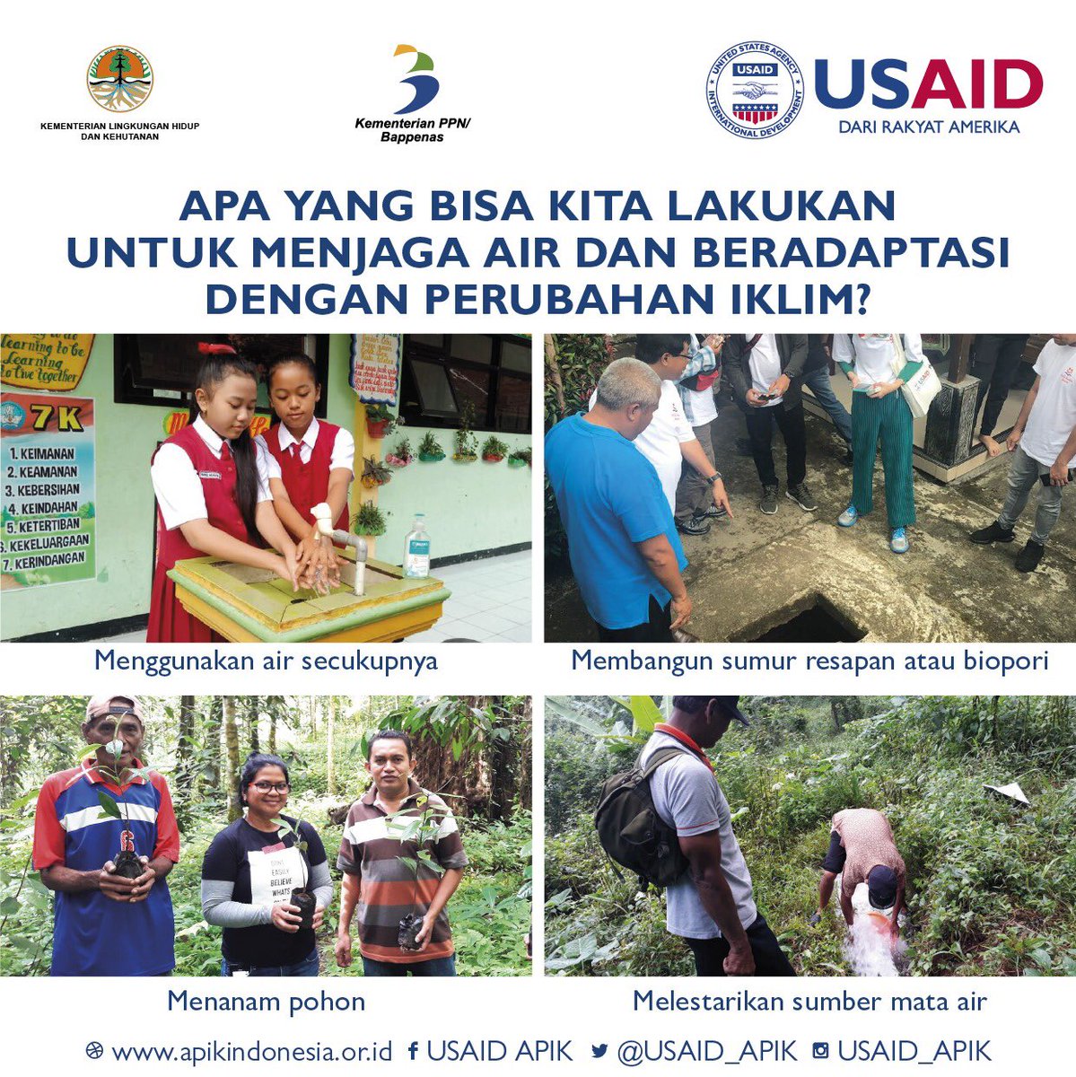 USAID_APIK's tweet photo. Apa yang #KawanAPIK bisa lakukan untuk menjaga ketersediaan dan melestarikan air? Yuk simak gambar berikut, semoga bisa menginspirasi! 
.
#HariAir #WorldWaterDay #WaterDay #water #air #climatechange #iklim #adaptasi #resilience #ketangguhan #Indonesia #tangguh #IndonesiaTangguh https://t.co/S7HtdDN4Cv