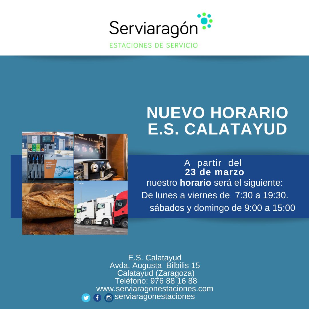#nuevohorario 🕣Les informamos que a partir del lunes 23 de marzo el horario de nuestra estación de servicio de Calatayud será el siguiente: 
De lunes a viernes de  7:30 a 19:30.
      sábados y domingo de 9:00 a 15:00
E.S. Calatayud
Teléfono: 976 88 16 88
serviaragonestaciones.com