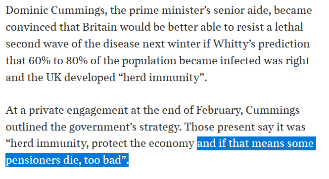 This is from a Tory paper, by journalists with impeccable Tory contacts.

This is a national scandal: and don't let Dominic Cummings be the fall guy for it. Boris Johnson signed it off. If this had been Labour, just imagine the justified unanimous media outrage.